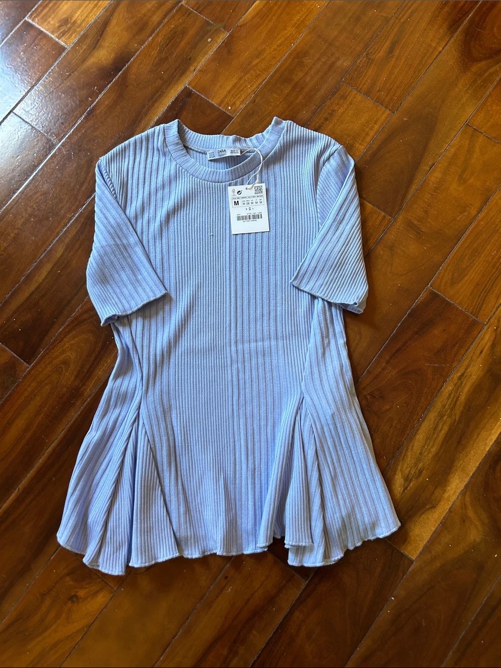 Zara Light Blue Ribbed Flared Short Sleeve Top